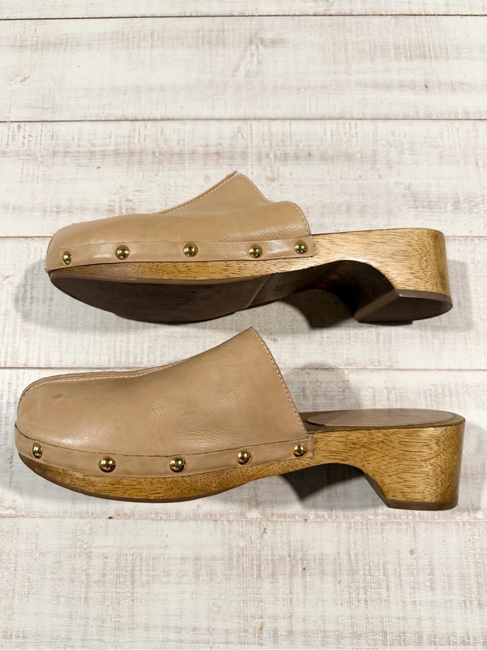 Bird of Flight Brown Leather Wood Sole Clog Mules Size 8.5 Studded Slip On Shoes - Picture 5 of 10